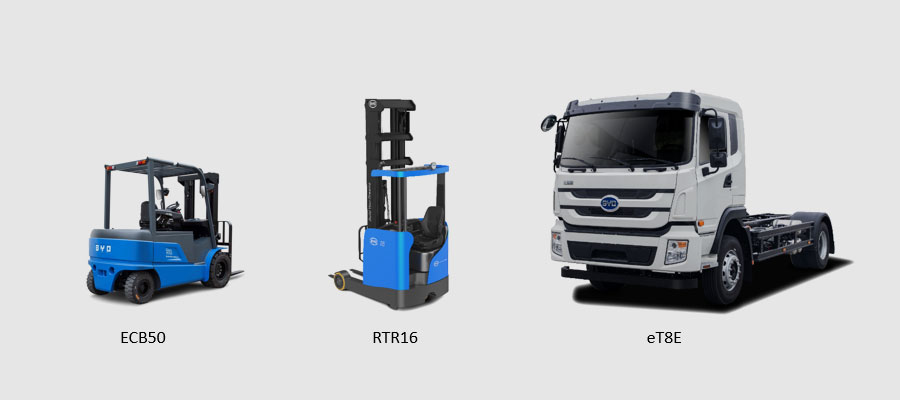 Empilhadeiras ECB50 e RTR16 e caminhão multivocacional eT8E